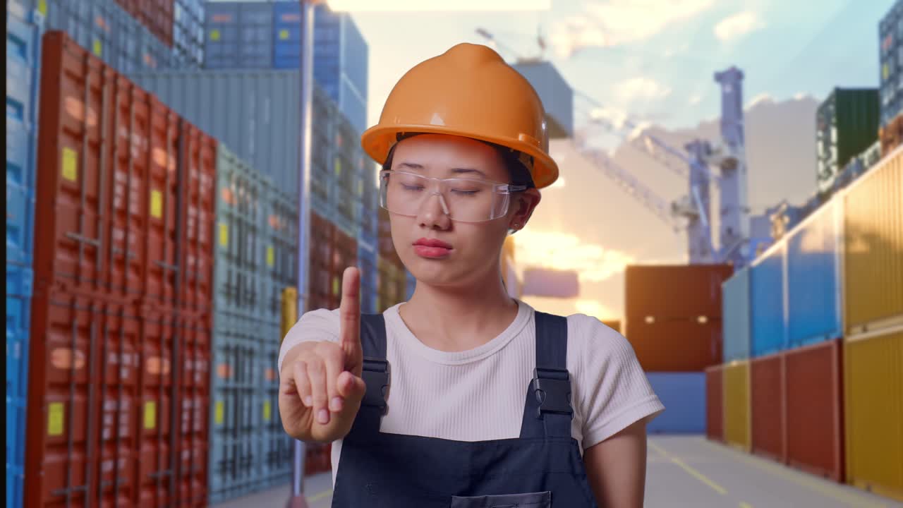 Close Up Of Asian Woman Worker Wearing Goggles And Safety Helmet Disapproving With No Index Finger Sign While Standing At Container Yard Warehouse