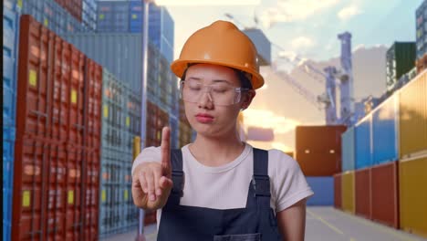 close up of asian woman worker wearing goggles and safety helmet disapproving with no index finger sign while standing at container yard warehouse