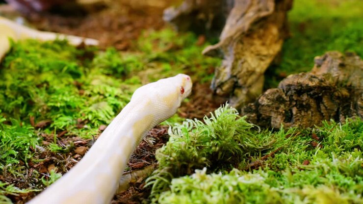 White snake slithering slowly through the moss, filmed in slow motion