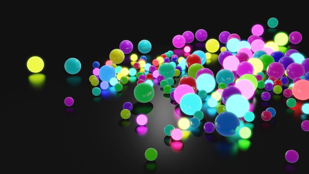 Bulbs start to glow forming pattern like abstract chrismas garland. Multicolor waves runs across balls like in christmas garland, 3d abstract looped background with lot of spheres lay on plane.