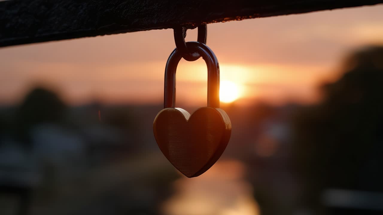 Cadenas en forme de cœur doré suspendu devant un magnifique coucher de soleil, symbolisant l’amour et l’engagement dans la douce lueur du crépuscule sur un paysage paisible