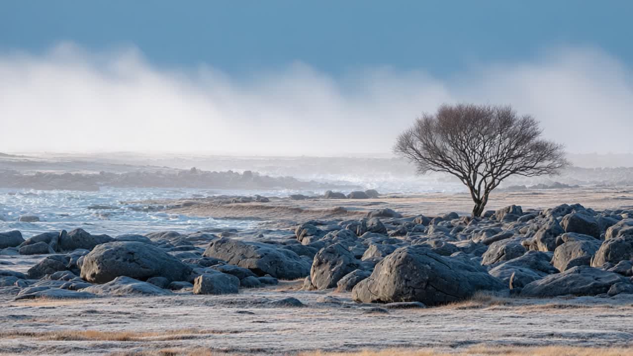 Et ensomt træ står modstandsdygtigt midt i et frostklart landskab, hvor takkede klipper er dækket af morgentåge, hvilket skaber en fredfyldt og rolig naturscene