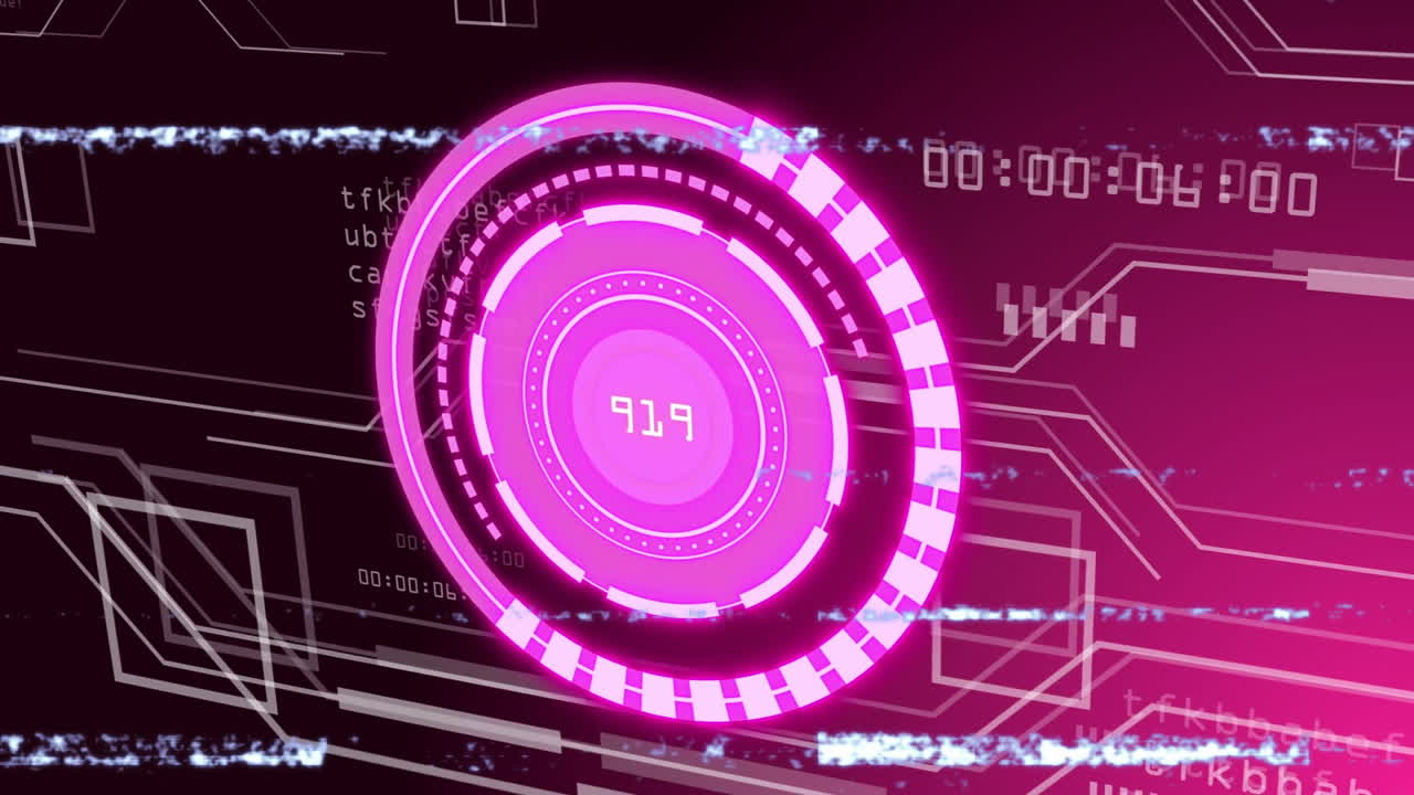 Antarmuka digital futuristik dengan grafis melingkar merah muda dan animasi kode biner