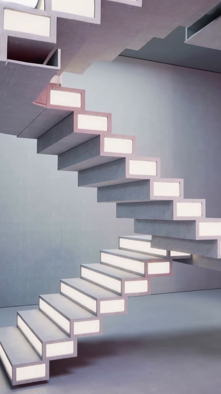Vertical video: Tilting camera revealing zig-zag staircase, lit risers showing geometry in gallery