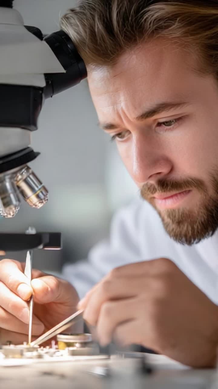 Focused Researcher Examining Specimen Under Microscope in a Laboratory Setting, Highlighting Precision and Attention to Detail in Scientific Work