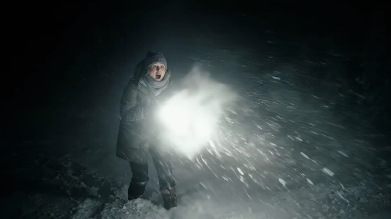Kvinna söker med ficklampa i mörk snöig vinternatt