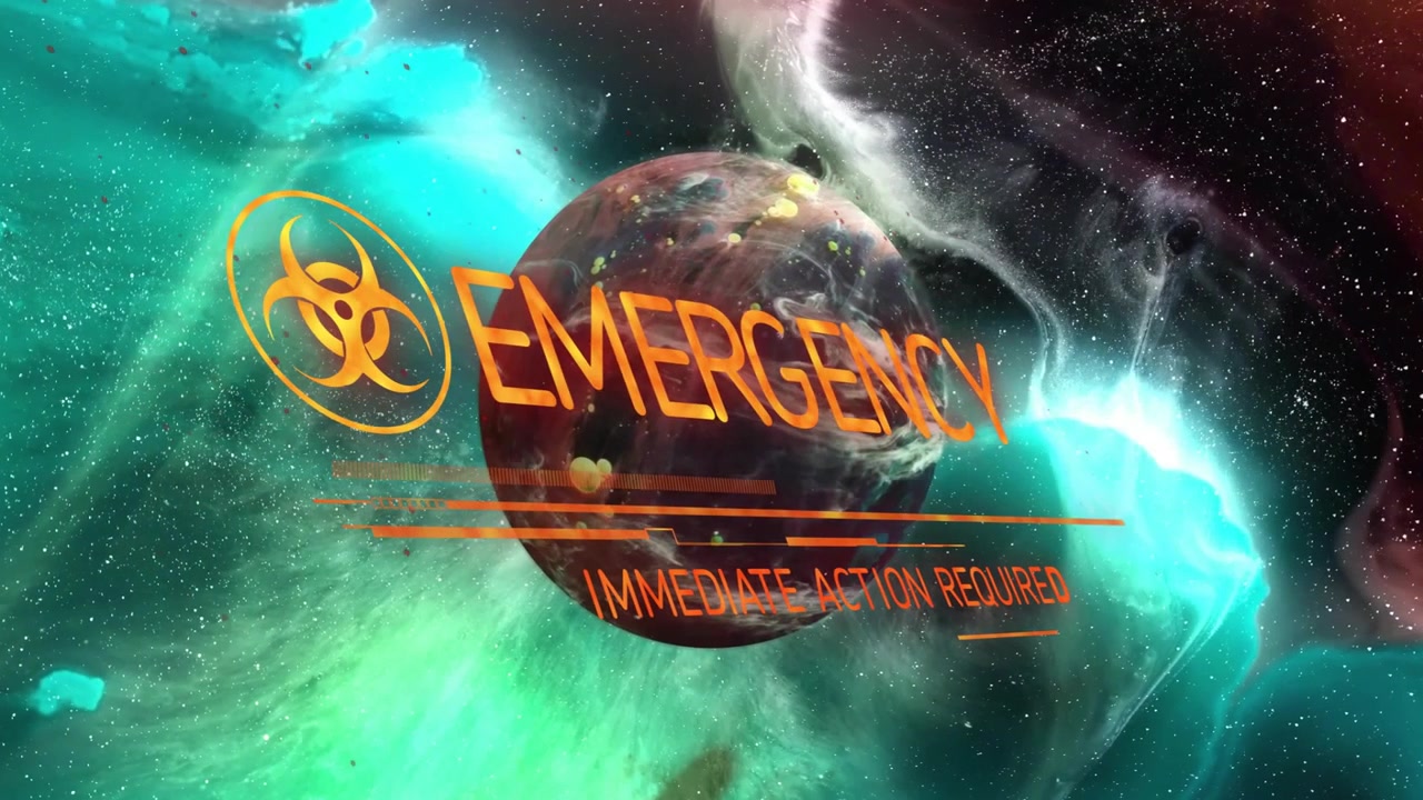 Emblema di rischio biologico che svanisce avviando una scansione mentre un pianeta ruota ed EBK si trasforma in un allarme di EMERGENZA