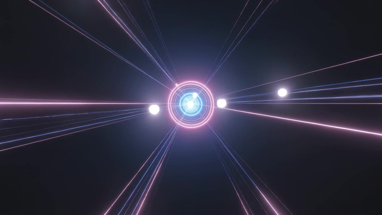Pulsing central core with rings drawing appearing orbs inward in void, leaving neon streaks, flare