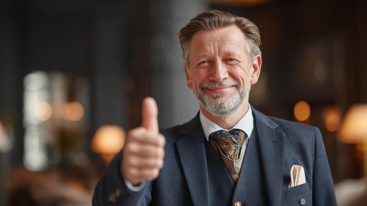 Confident Professional Exudes Positivity and Assurance with a Thumbs-Up Gesture in a Stylish and Elegant Setting