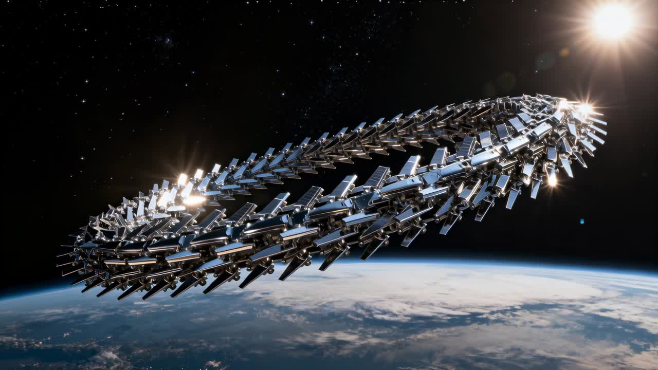 Tracking camera revealing rotating metal torus swarm over planet limb catching sun glints for study