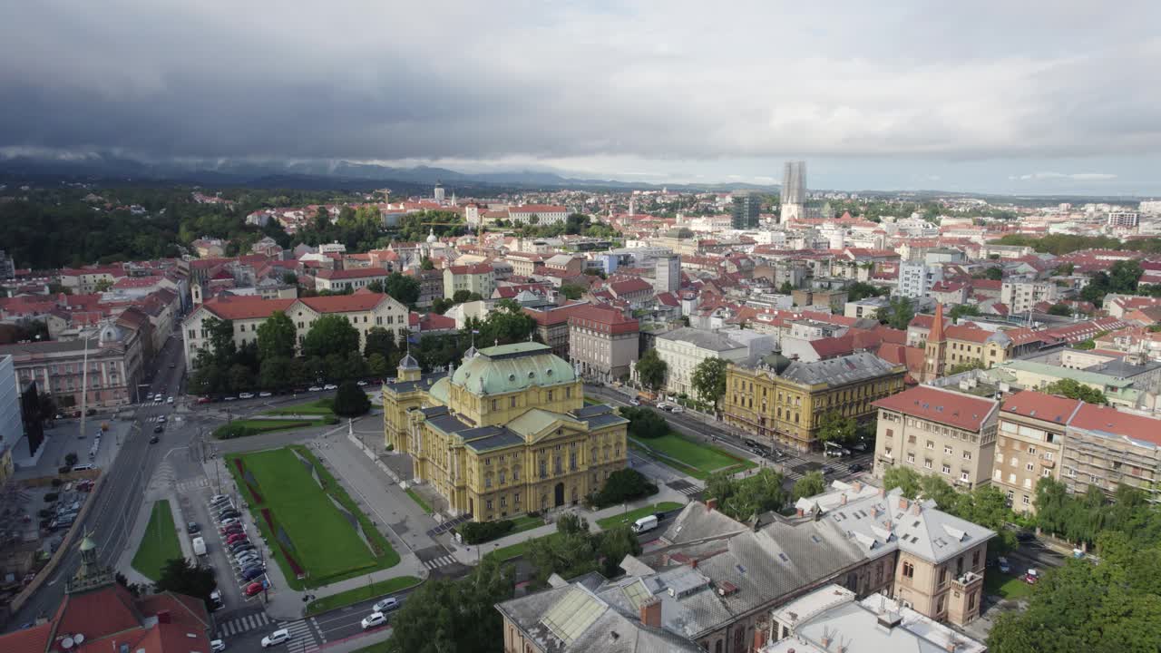 Croatian National Theatre: Zagreb's artistic beacon under overcast skies - Aerial