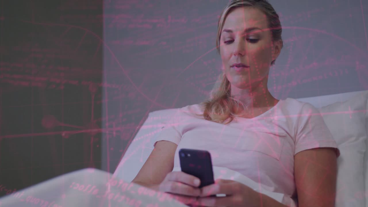 Adult woman reclining in bed raising phone tapping screen with pink grid overlay showing technology