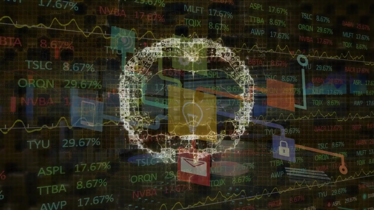 Visualizzazione digitale del cervello con dati del mercato azionario e icone tecnologiche.