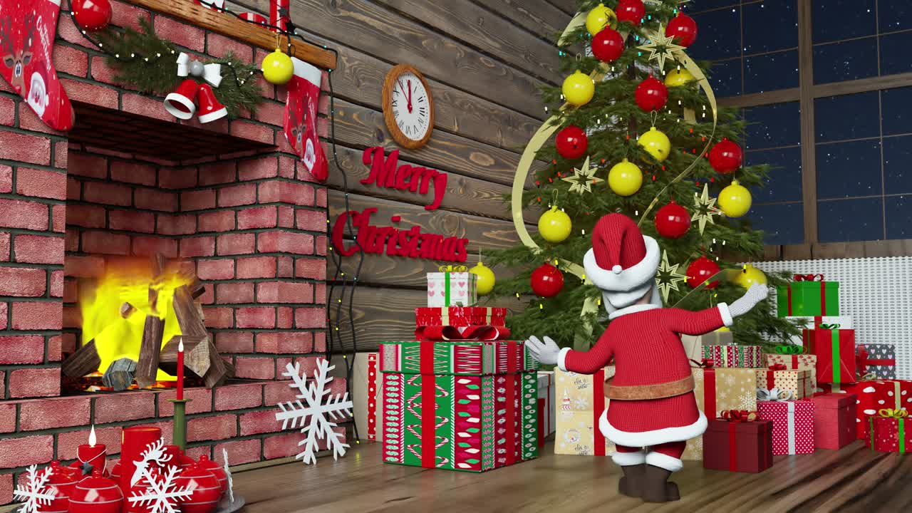 크리스마스 트리 근처에서 춤을 추는 산타클로스 - 메리 크리스마스 및 행복한 새해 2022 애니메이션 - 없는 루프 - 크리스마스 애니메이션