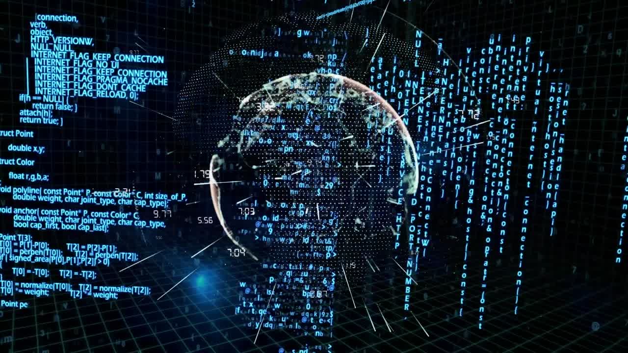 animación del procesamiento de datos sobre el globo sobre fondo negro
