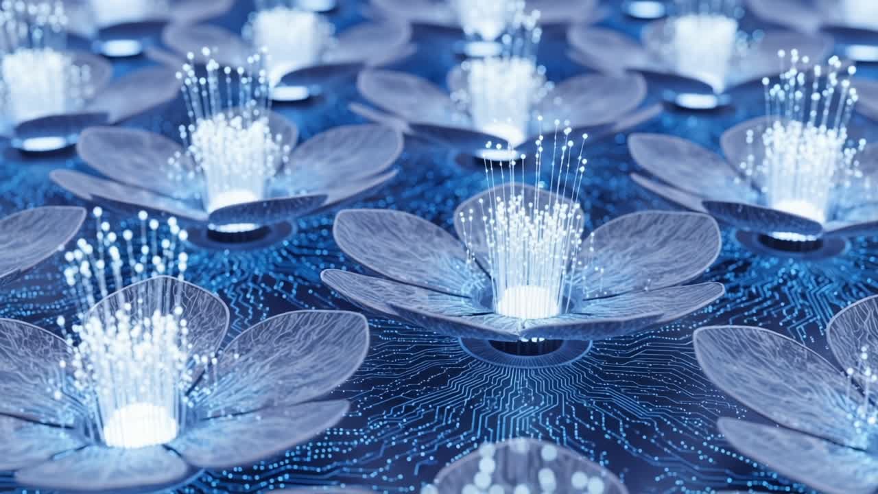 A mesmerizing visual representation of glowing digital flowers, showcasing intricate patterns and luminous sparkles emerging from their centers, set against a deep blue background