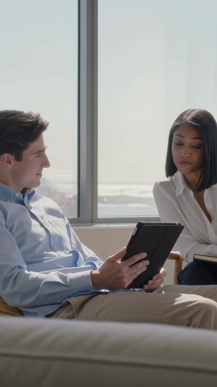Video verticale: Presentazione di un tablet, colleghi in abiti da ufficio che esaminano un file in una sala relax vicino alla finestra