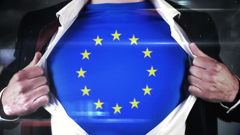 businessman opening shirt to reveal eu flag