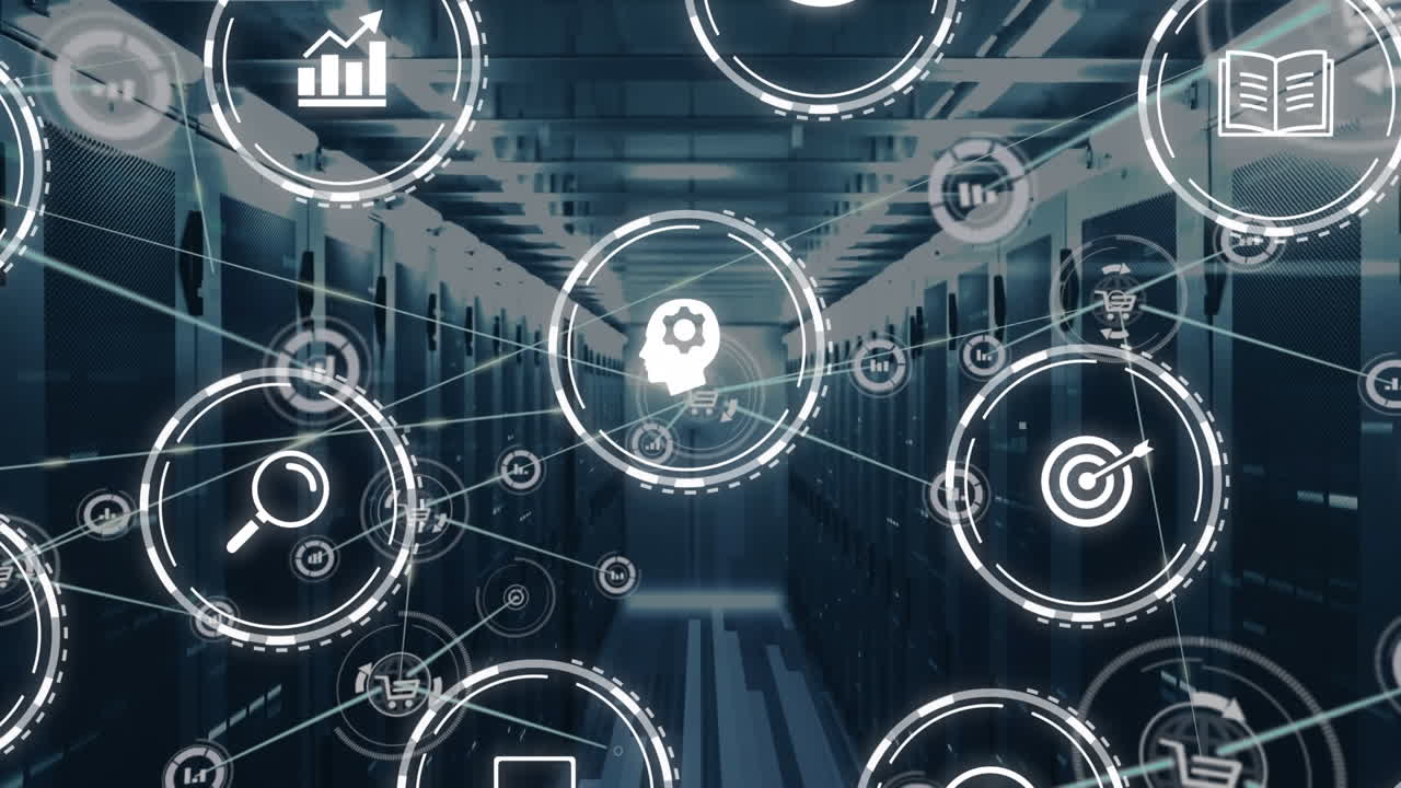 Animation of connections with icons over computer servers