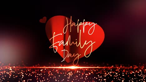 happy family day beautiful cinematic title loop. 4k 3d illustration happy family day golden calligraphy text element effect with big red heart and golden shine particles on black background template.