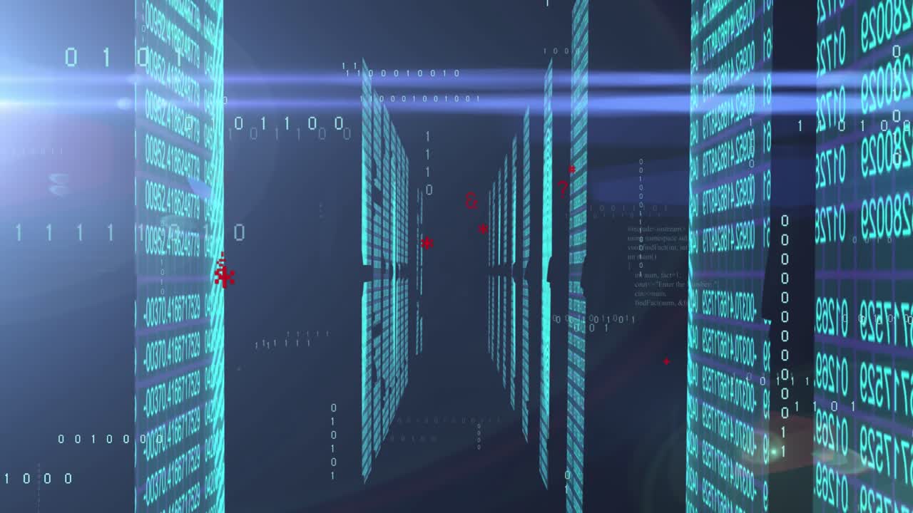 animación de codificación binaria y procesamiento de datos sobre puntos de luz