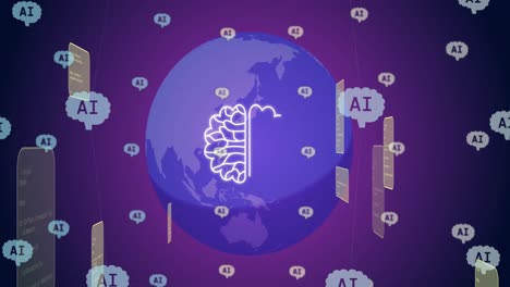 animación de un chat y procesamiento de datos en todo el mundo sobre fondo púrpura