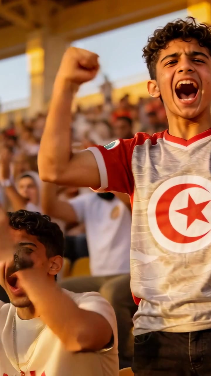 Video vertical: Aficionado adolescente animando con camiseta de estrella creciente después de un gol en la grada, ondeando banderas.