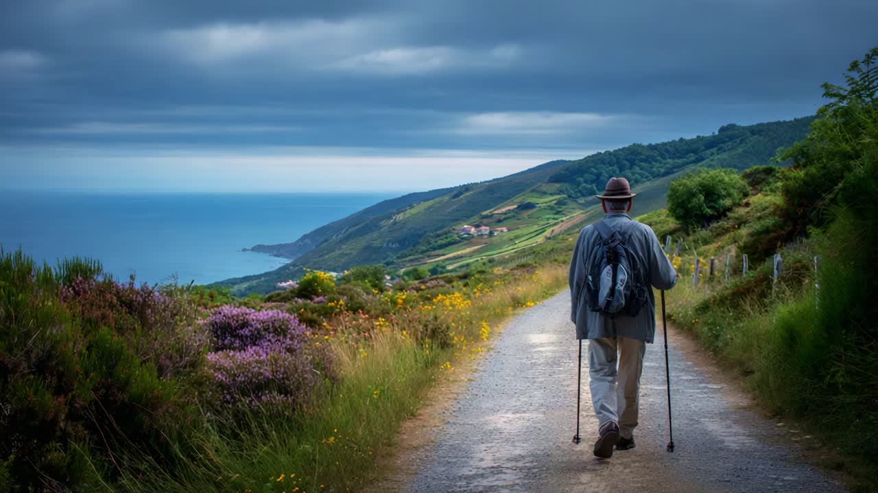 Eine beschauliche Reise durch die Natur: Ein Wanderer, der auf einem malerischen Küstenpfad mit üppigem Grün und leuchtenden Blumen unter einem dramatischen Himmel entlangspaziert und dabei Ruhe und Abenteuer einfängt