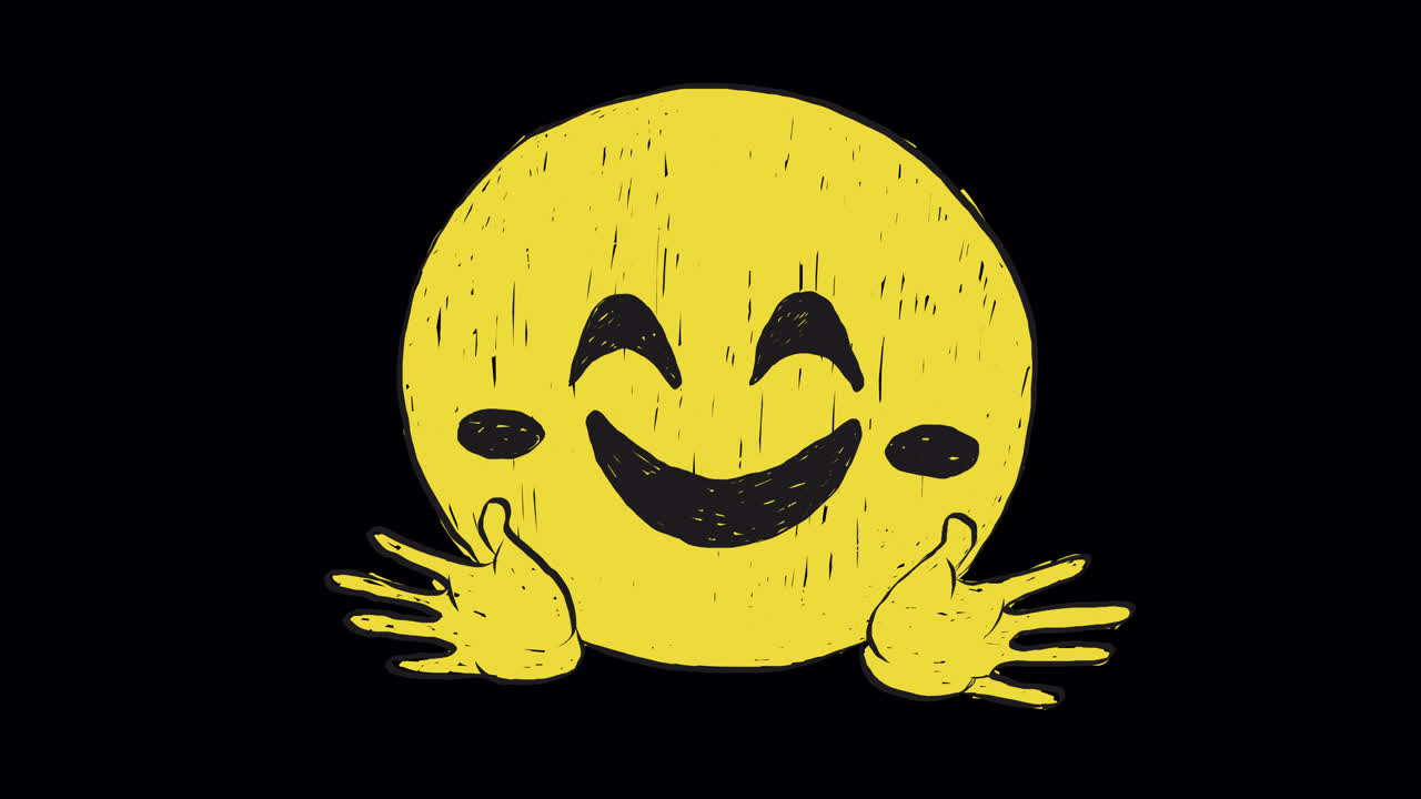 Emoji gialla felice disegnata a mano e animata con le braccia aperte
