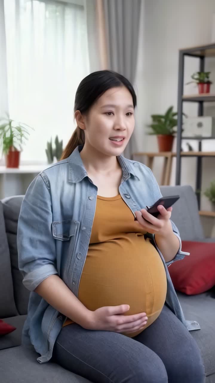 An asian pregnant woman is sitting on a couch holding a mobile phone.