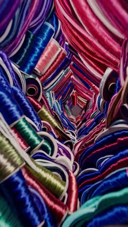 a vibrant tunnel of colorful thread spools