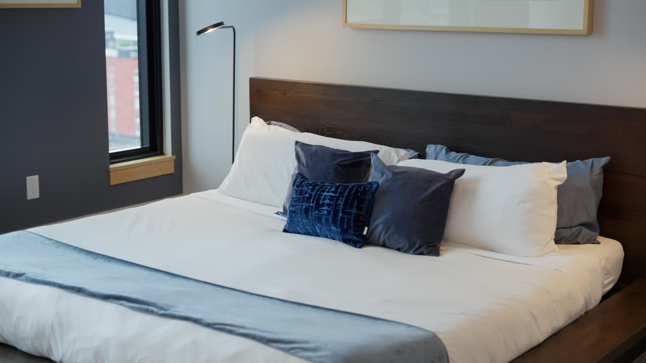 Contemporary bedroom with a dark wood headboard, blue accent pillows, and soft natural window light