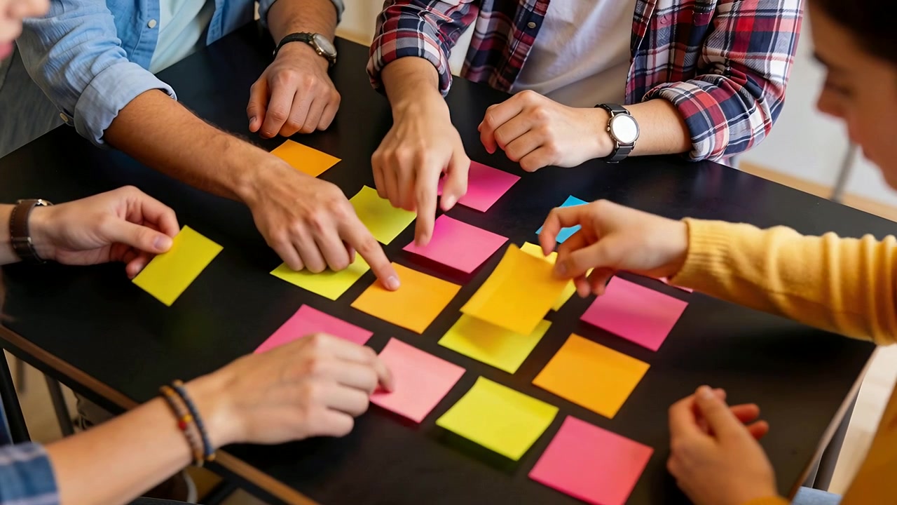 Quattro mani di squadra che indicano e sistemano post-it su un tavolo nero, maglione color senape, orologio per la pianificazione.
