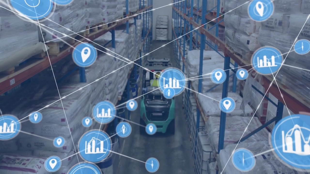 Animation of network of digital icons against male worker operating forklift at warehouse
