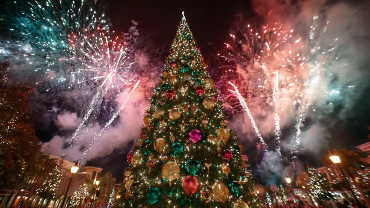 A Spectacular Holiday Celebration Featuring a Dazzling Christmas Tree Adorned with Colorful Ornaments, As Spectacular Fireworks Illuminate the Night Sky