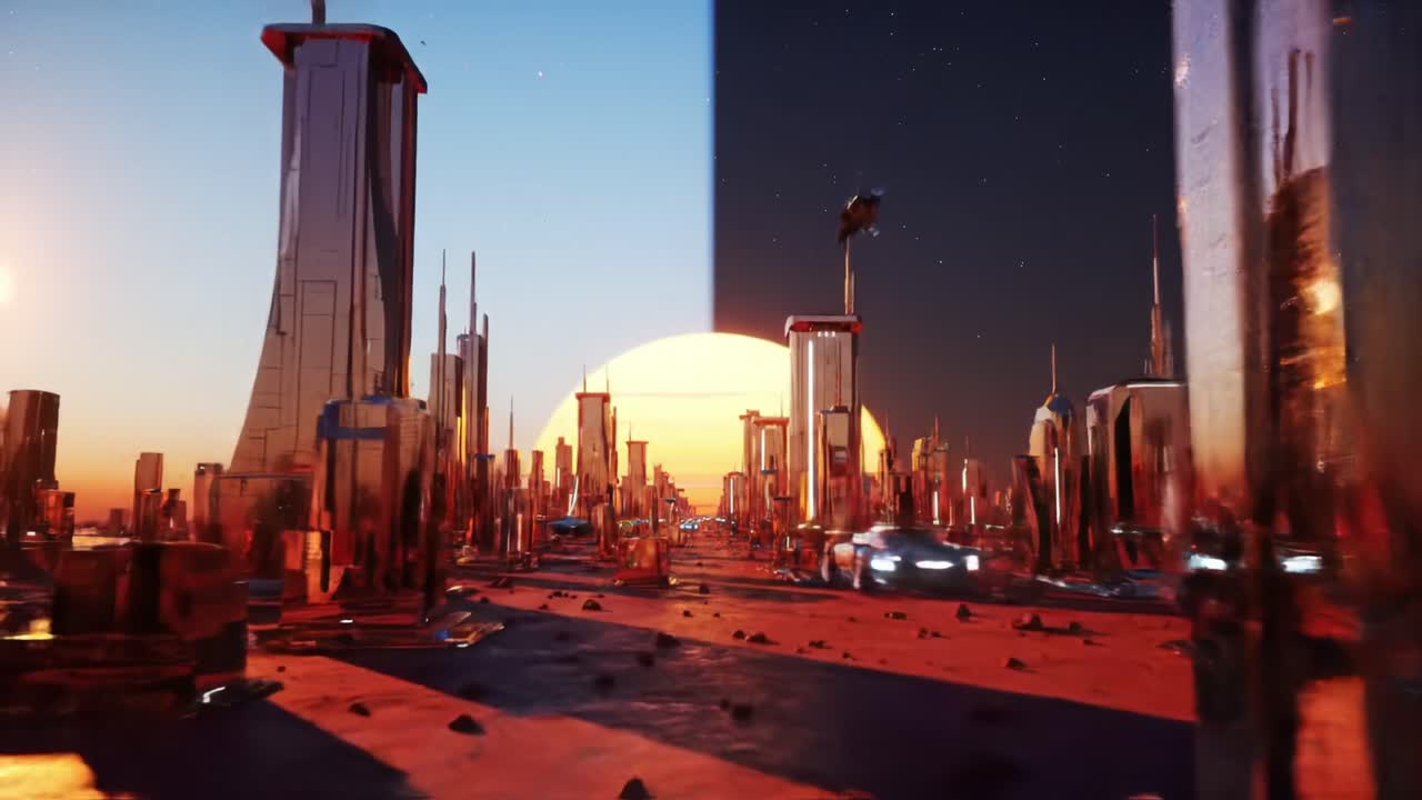 A Stunning Futuristic Cityscape at Sunset, Showcasing a Contrast Between Day and Night with Gleaming Towers, Vehicles, and a Vibrant Sky Transitioning from Blue to Deep Darkness