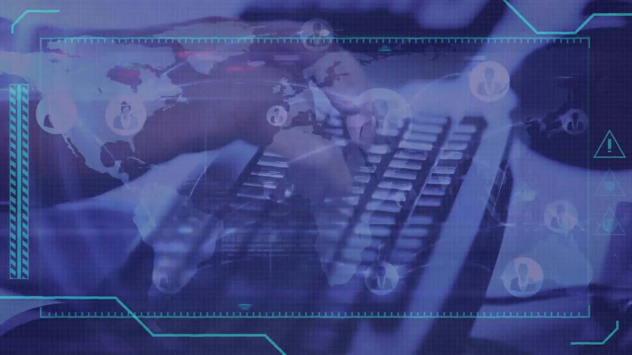Animation of network of connections and hand writing on keyboard over world map