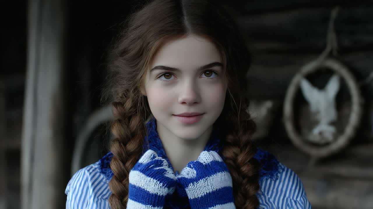 A Captivating Portrait of a Young Girl with Braids and Striped Gloves, Showcasing a Charming Expression Amidst a Rustic Background