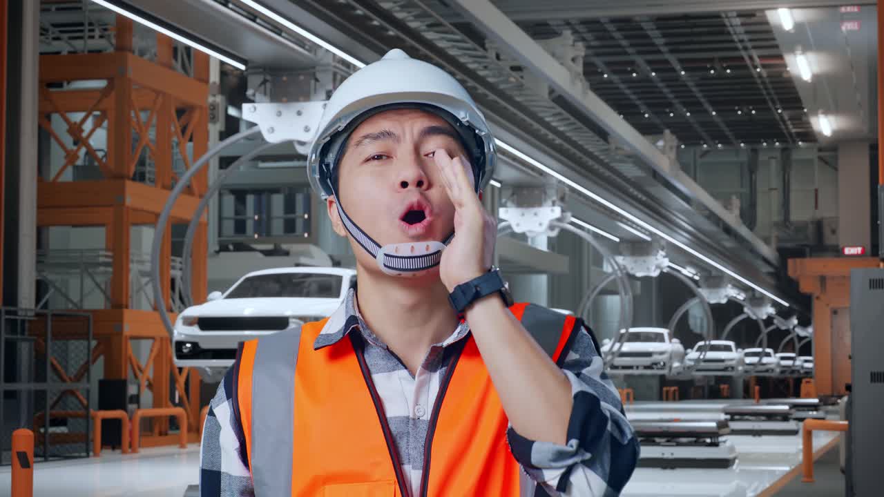 안전 헬을 입은 아시아 남성 엔지니어가 ev 자동차 공장에서 서 있는 동안 입 위에 손으로 소리치고 있습니다.
