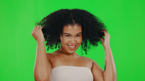 Hair-shake,-green-screen-and-face-of-woman