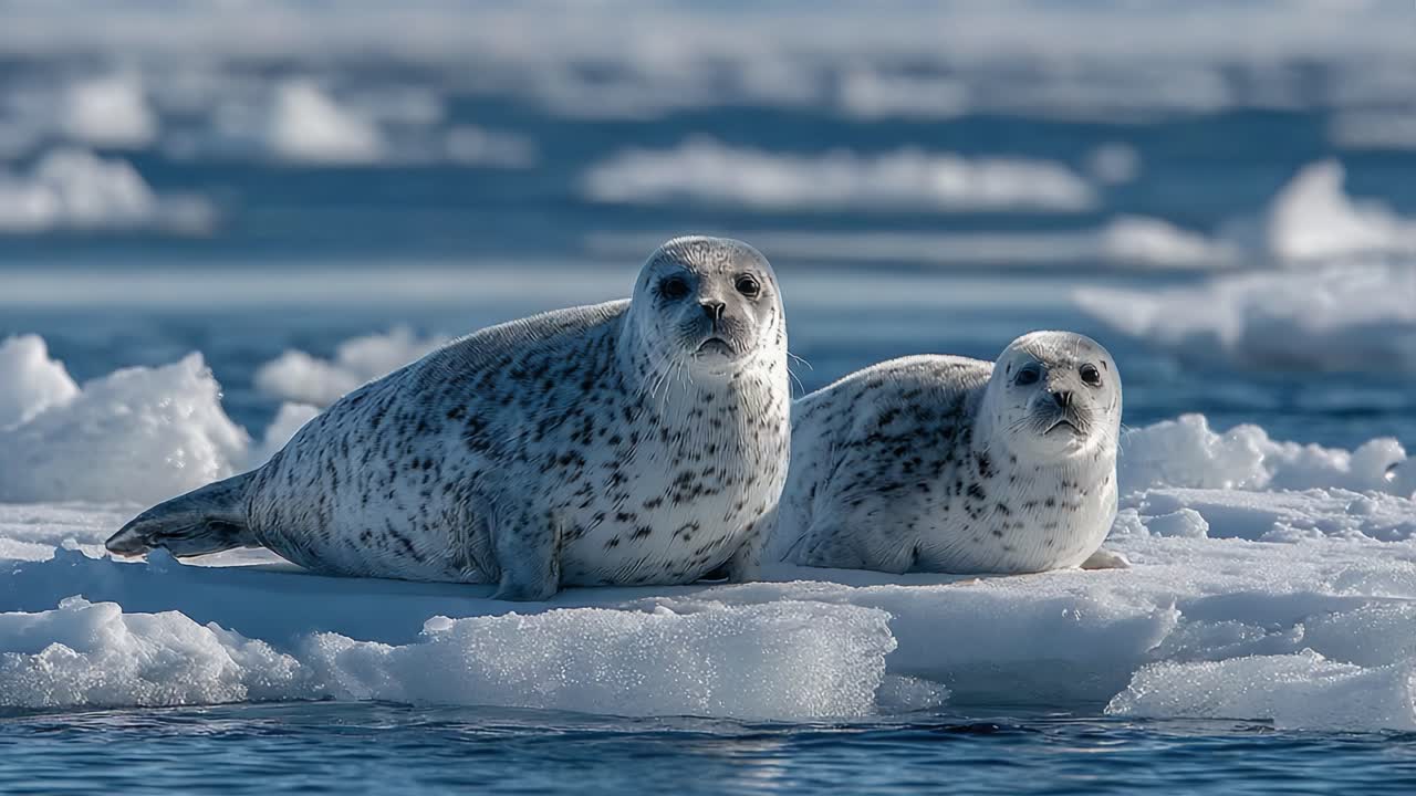 To sæler hviler på isen: Et fængslende øjeblik af dyreliv i deres naturlige habitat, der viser de unikke karakteristika og skønhed af disse havpattedyr