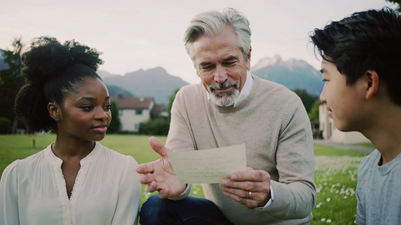 Reading senior man in beige sweater bringing handwritten card closer and sharing memory outdoors