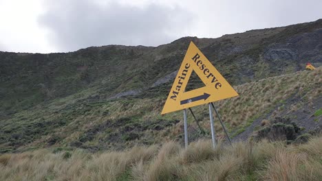 a large yellow triangle marine reserve sign on wild rugged coastline on the south coast in wellington, new zealand aotearoa