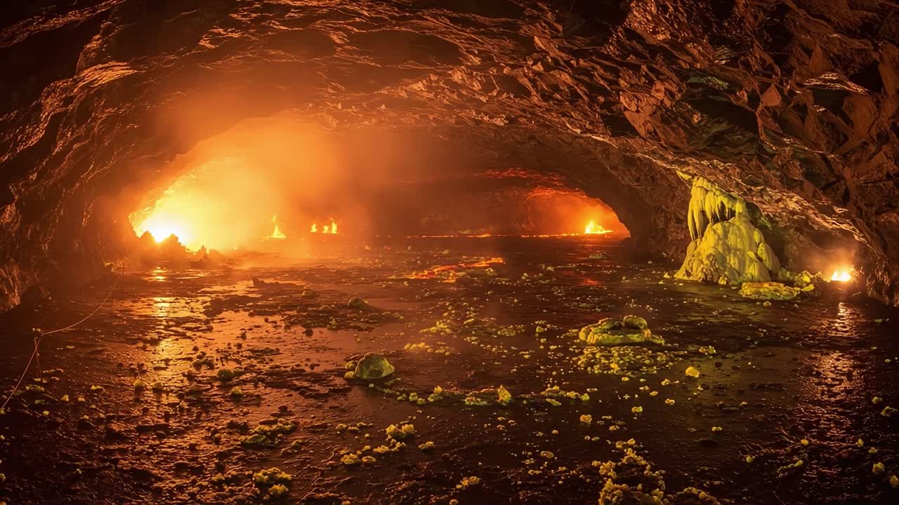 Exploring a Mysterious Underground Cave Illuminated by Fiery Glows: An Intricate Landscape of Rocks, Shadows, and Glimmering Light Reflections