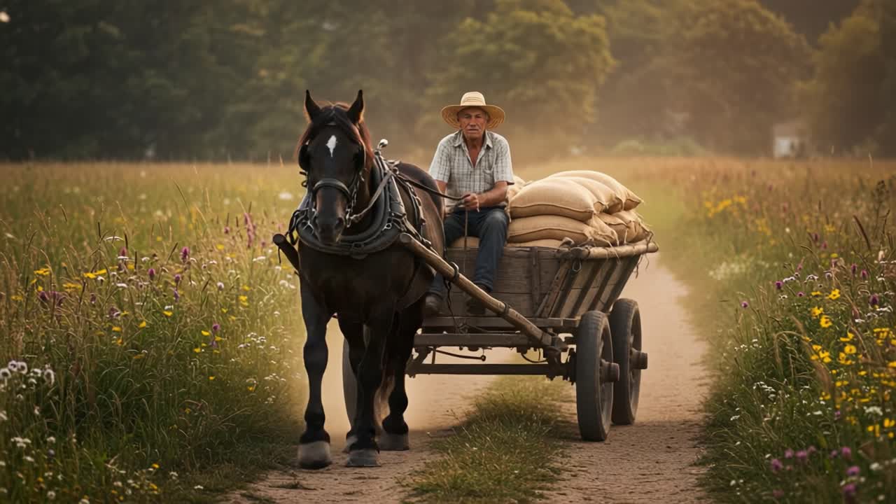 A farmer guiding a horse-drawn cart filled with sacks along a dusty path through a blooming meadow, highlighting the harmony between nature and traditional farming practices