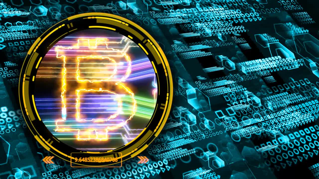 비트코인 알고리즘, 양자 컴퓨터, 미래 기술, 디지털 계층, 차원, 홀로그래픽 프로세스 및 빅 데이터 및 추상적인 오렌지 영역 다각형 배경 분석