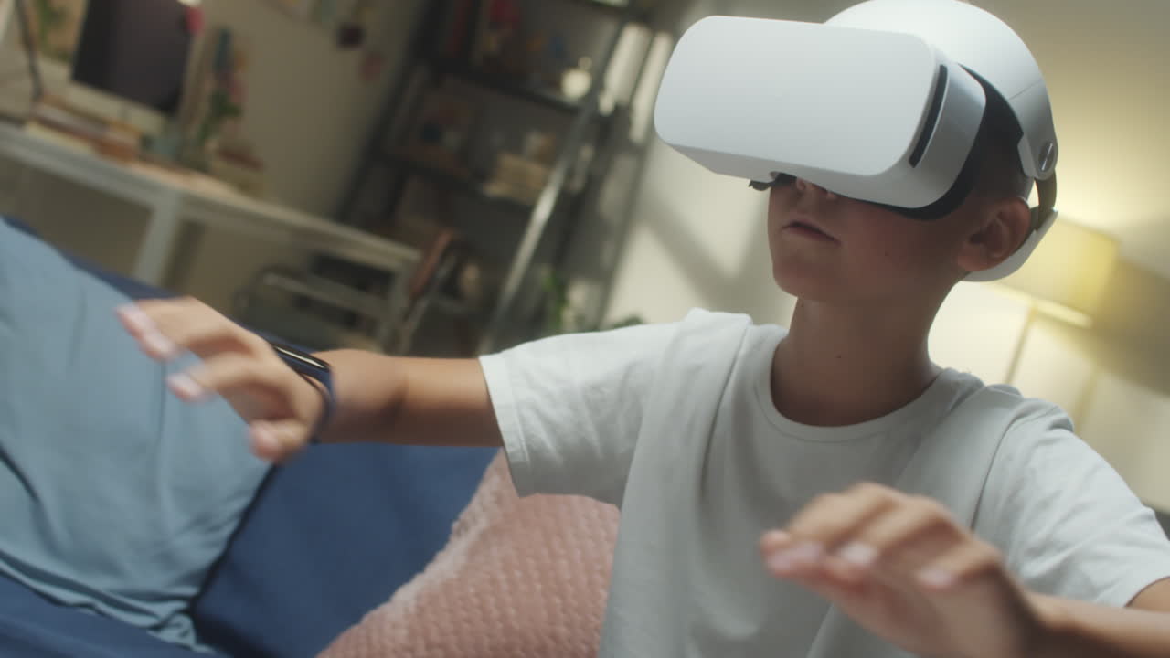 Child playing virtual reality game at home