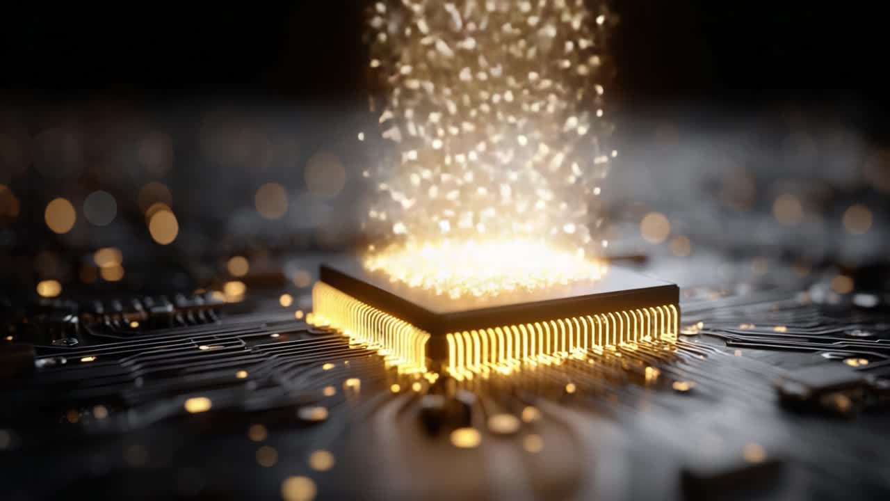 Illuminated Microchip Pulsing with Energy Amidst a Sea of Glimmering Sparks on a Circuit Board, Symbolizing Innovation and Technological Advancement