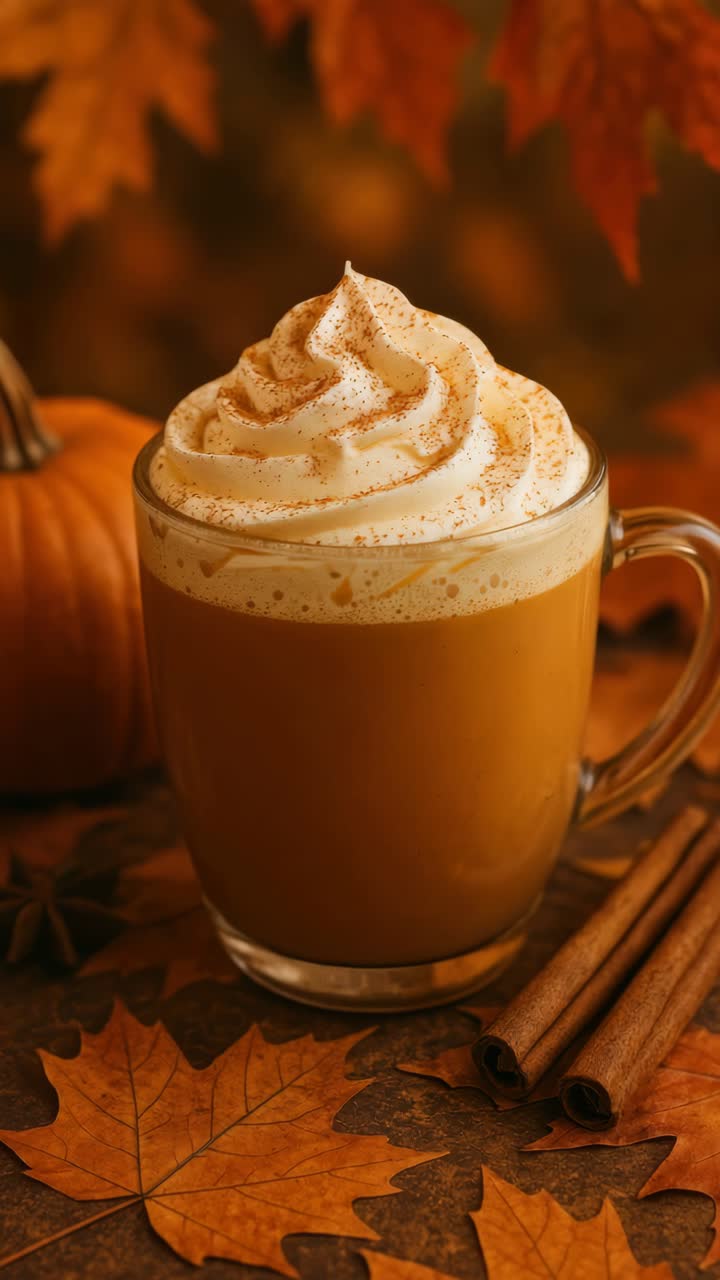 Warm autumn-themed video scene of a pumpkin spice latte with whipped cream, shot from a close-up