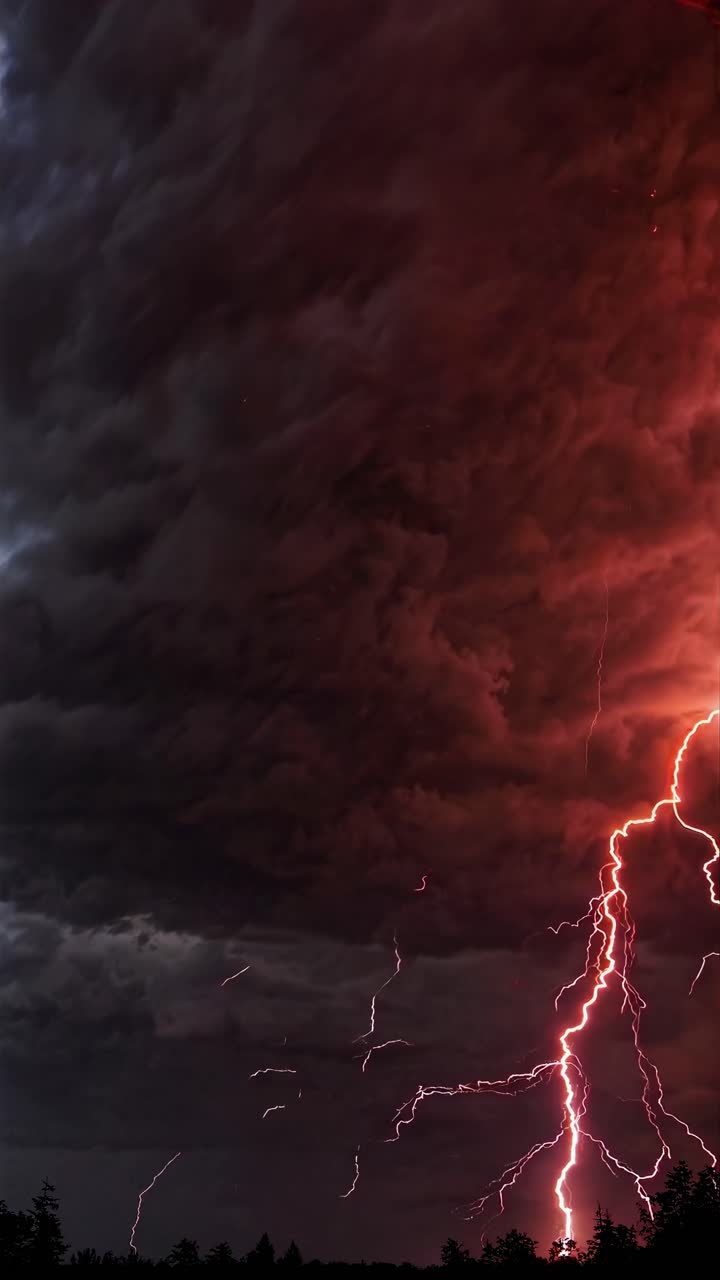 Cattura video in stile drammatico di fulmini rosso acceso che colpiscono un cielo scuro, visti dal basso